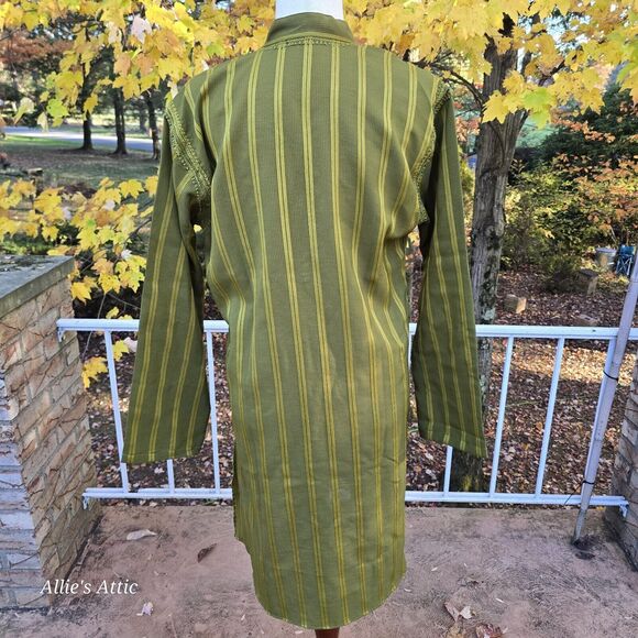 Vtg 70s Mod Handmade Mini Dress Long Sleeve Green Stripe Buttons Pockets M/L* - Picture 4 of 7